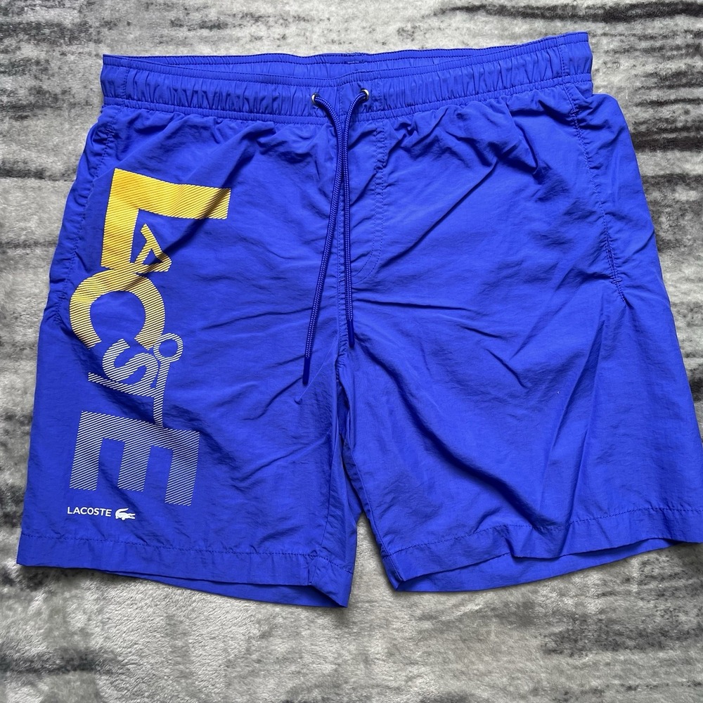 Lacoste Swim Trunks Mens Medium Blue Logo Flat Front Drawstring Outdoor Beach